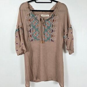 Urban Mangoz Embroidered Tunic / Dress /Top Boho Festival Gauze Tan Size L‎
